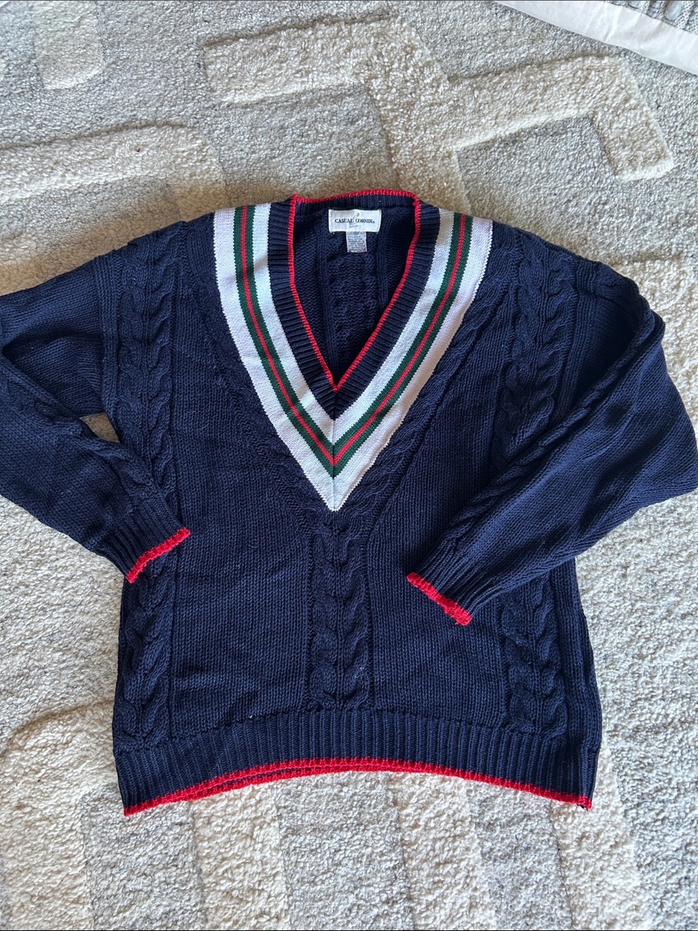 Casual Corner Navy V-Neck Sweater with Red, White and Green Trim